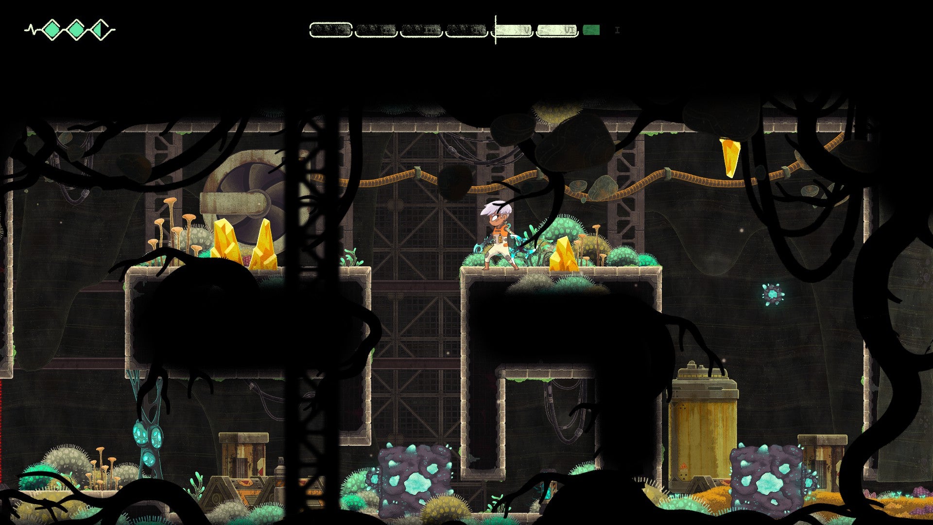 A cramped interior with patches of moss, blocks with gemstones, and old machines, from Echo Weaver.