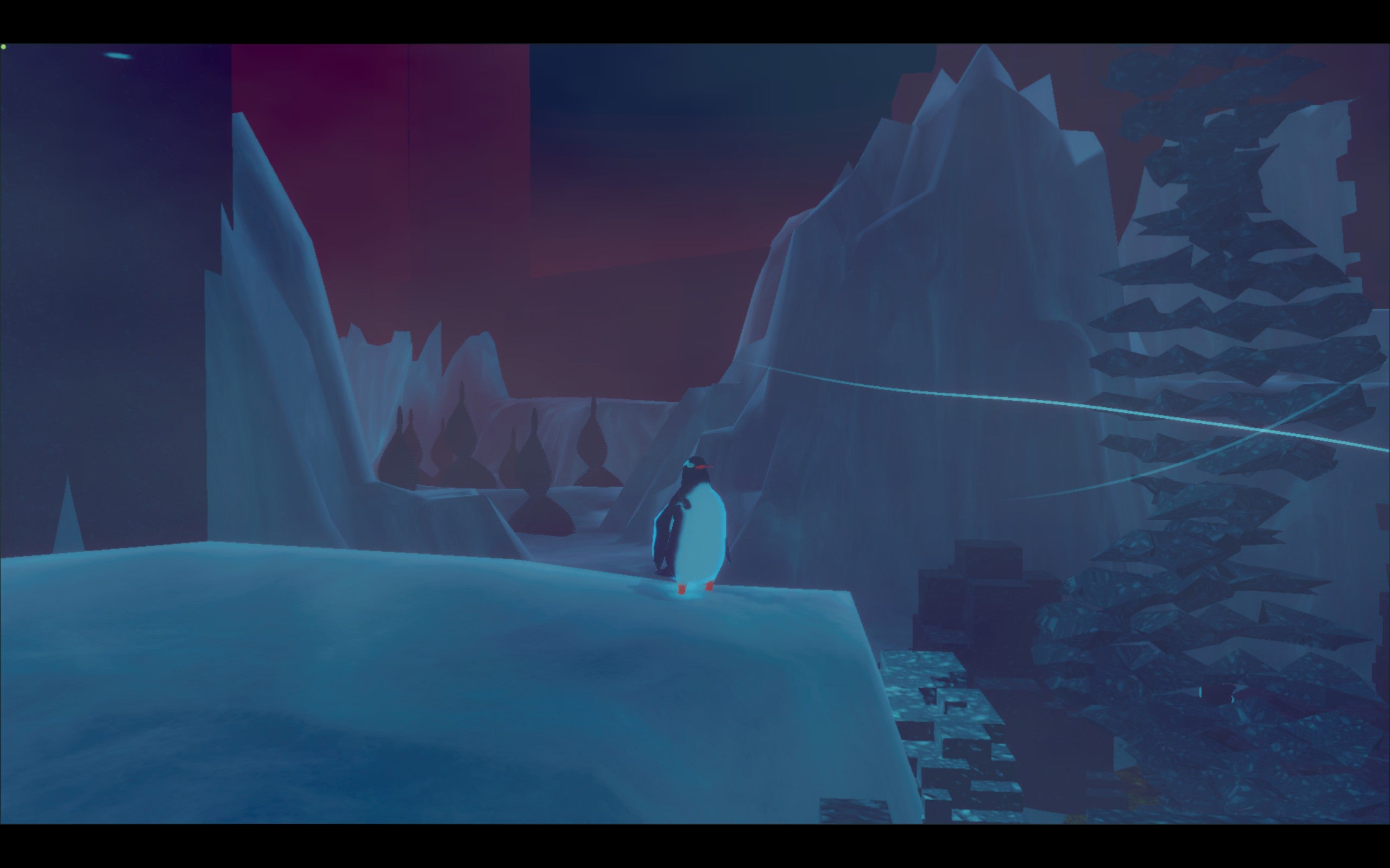 A penguin standing on an icy summit near some strange stone helix structures against a red atmosphere.