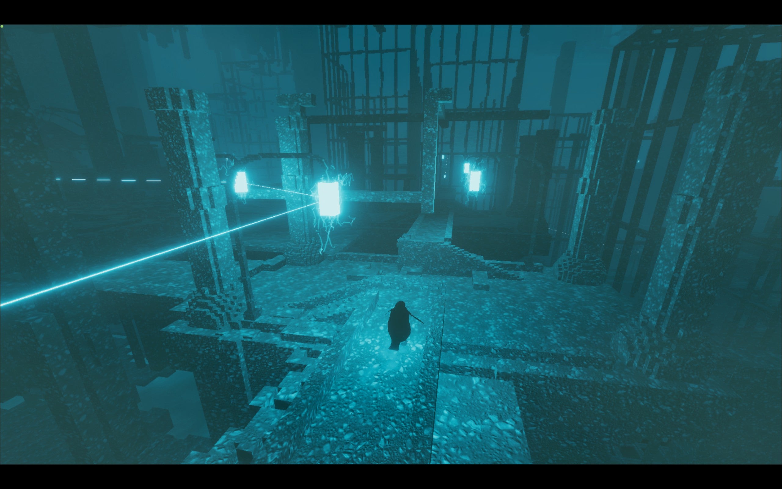 An eerie blue stone city with lights that are joined up by laser beams, and a penguin standing in the foreground.