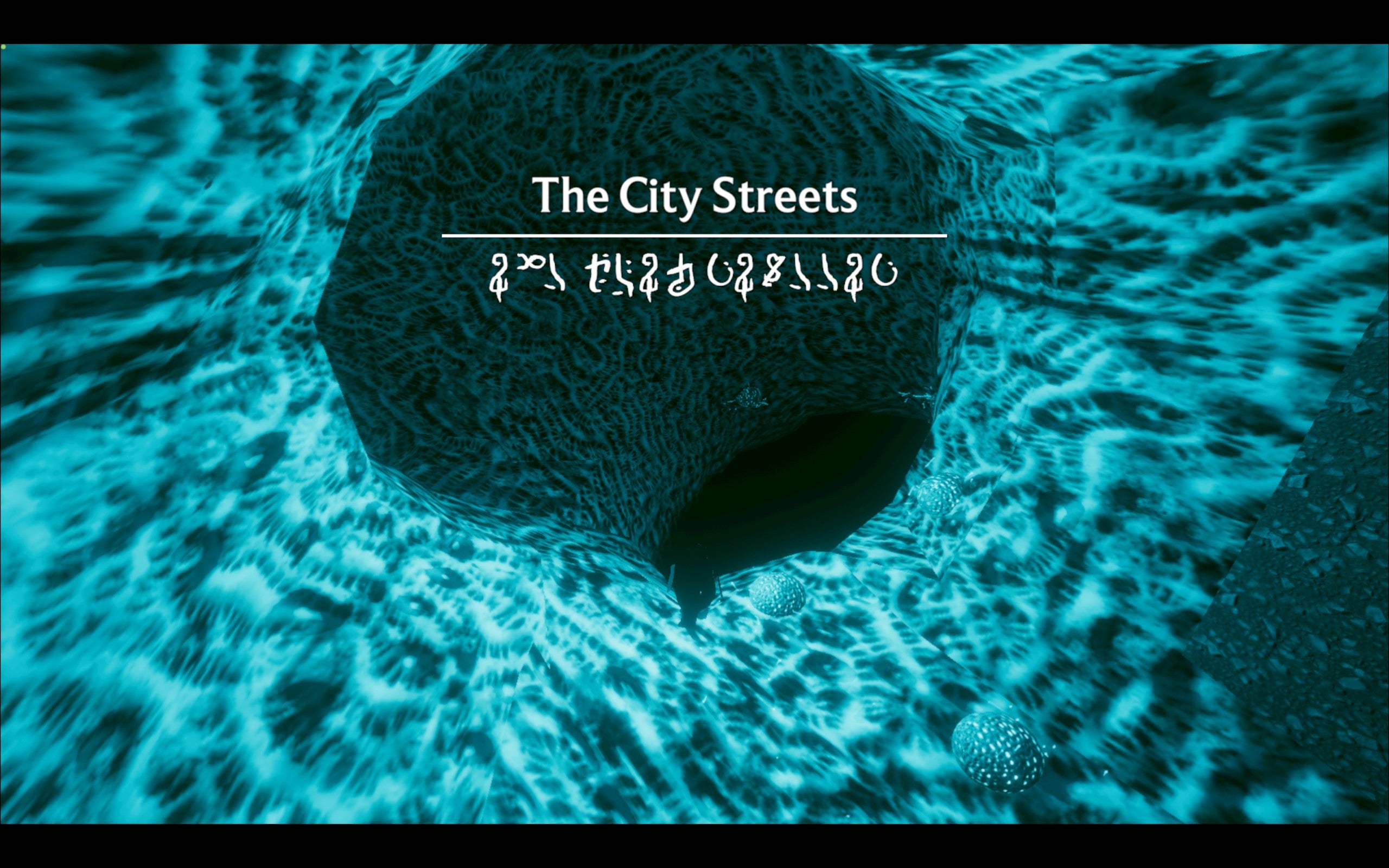 A coral-like tunnel with blue lighting with the words "The City Streets" above and a small penguin below.
