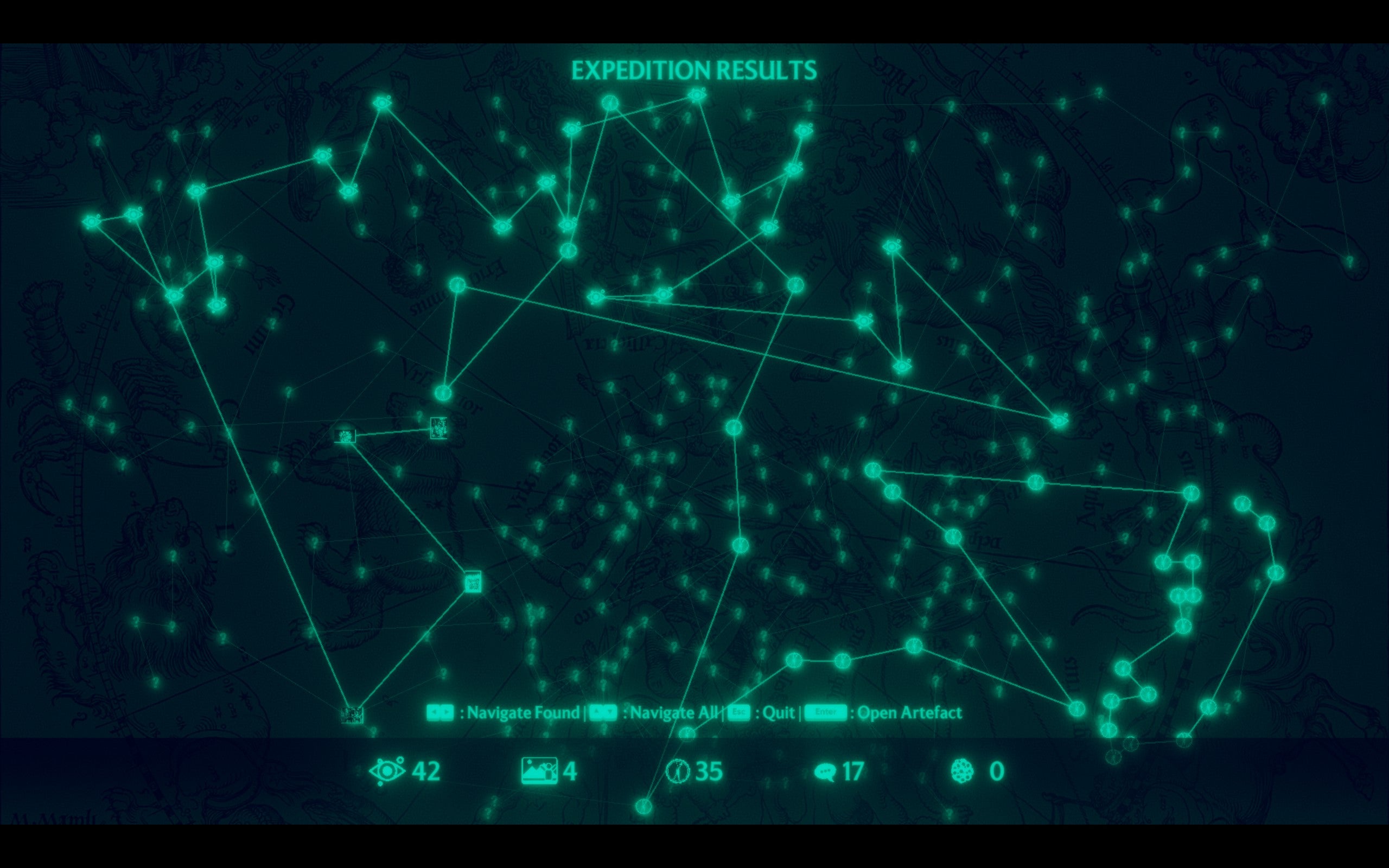 A green web of unlocked and yet-to-be-discovered lore in Penguin Colony.