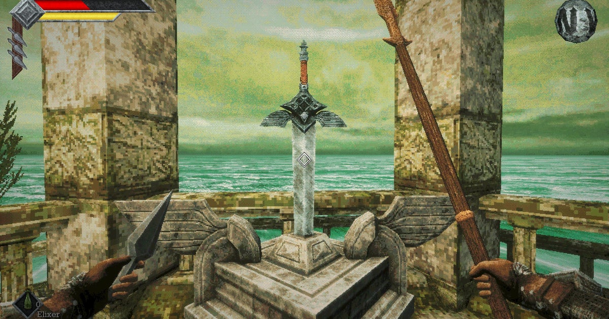 A sword stuck in a plinth in a seaside temple in Queen's Domain.