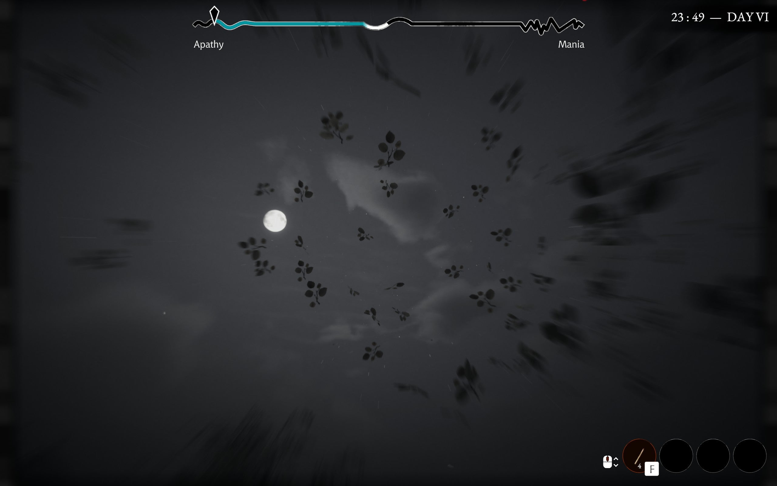 Floating foliage with the moon behind in a monochrome night-time scene from Pathologic 3.