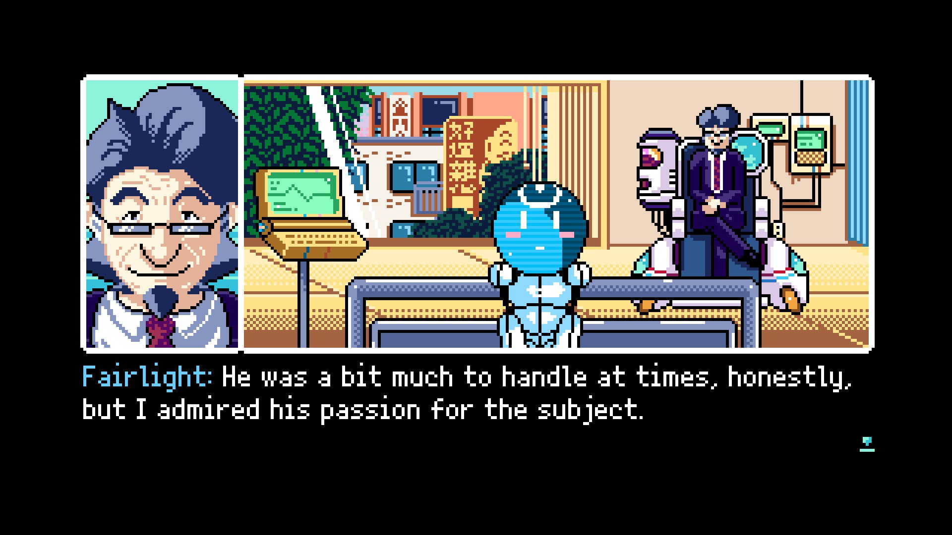 Fairlight speaking to the player and Turing in 2064: Read Only Memories - 15