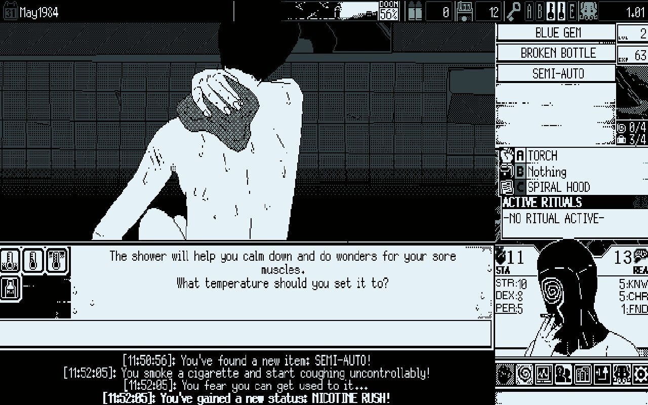 A screenshot from World of Horror showing a playable character taking a soothing bath between missions.