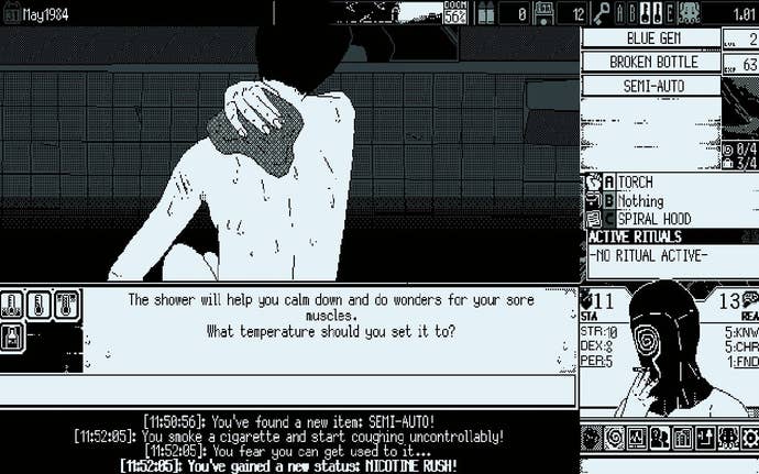 A screenshot from World of Horror showing a playable character taking a soothing bath between missions.