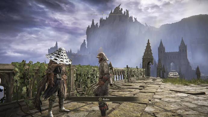 A warrior talks to Bloody Finger Yura on a bridge in Elden Ring.