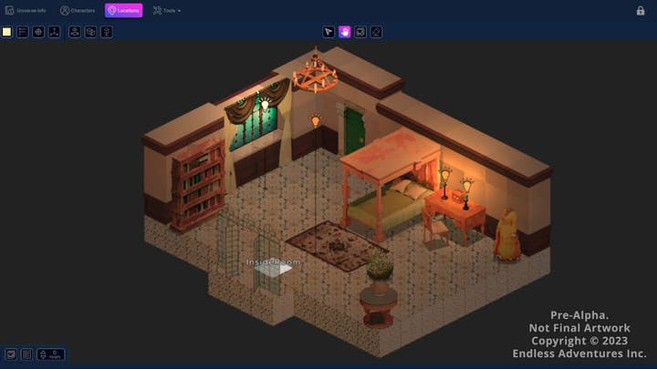 An image of Adventure Forge's user interface showing a room from an isometric perspective with various hot spots located around the room and icons surrounding the main gaming environment
