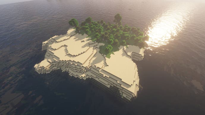 Eine kleine Insel in Minecraft, die vom Meer umgeben ist. Eine Seite ist mit Sand bedeckt, die andere mit Wald.