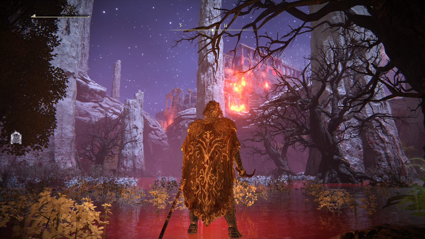 A warrior stands in front of Mohgwyn Palace in Elden Ring.