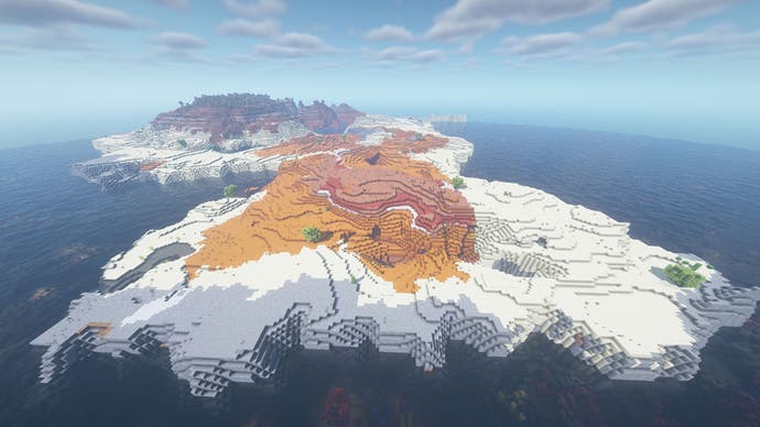 Eine große Insel in Minecraft, die an den Küsten aus Wüste und in der Mitte aus Ödland besteht.