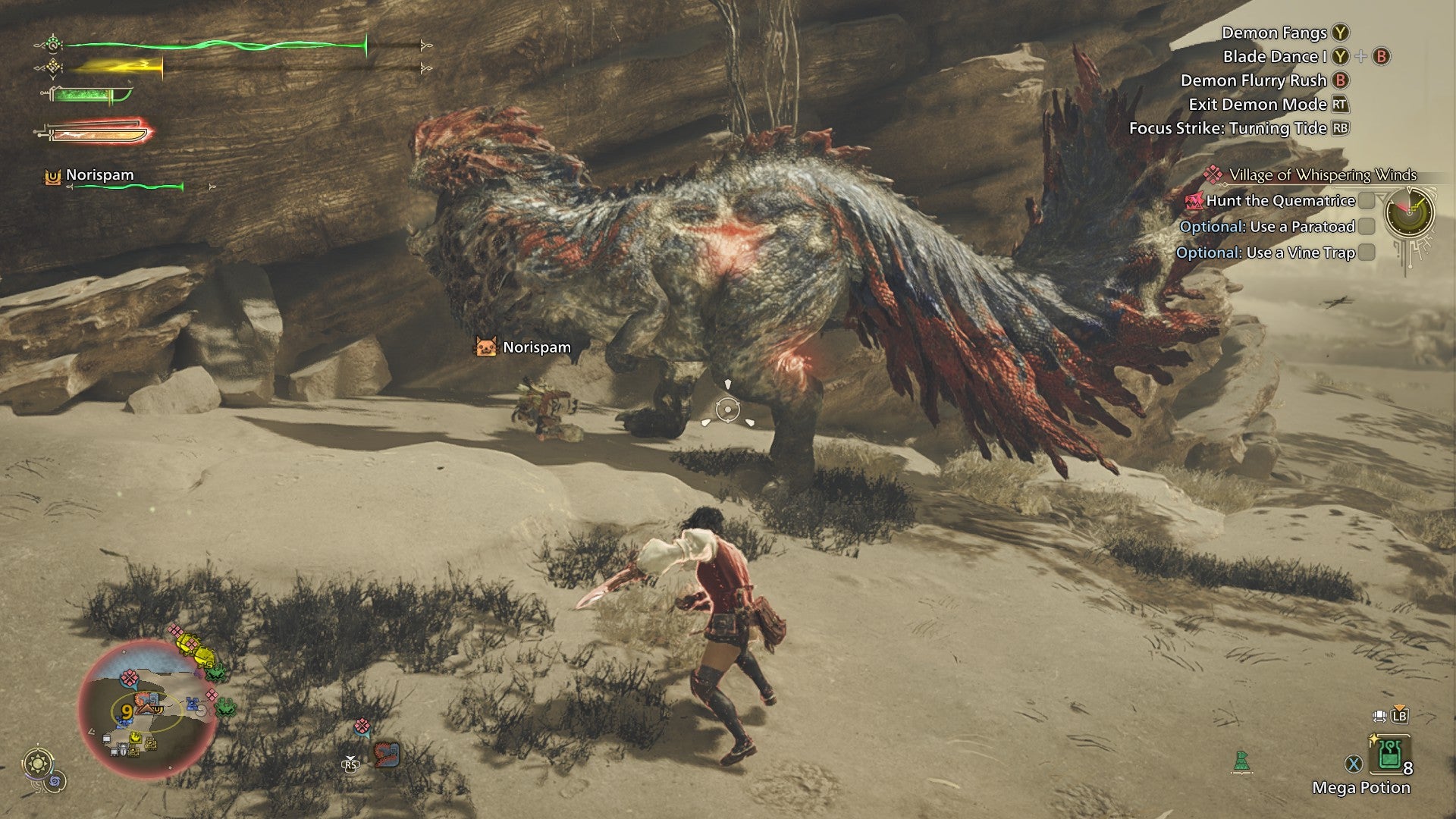 A battle against the Quematrice in Monster Hunter Wilds. The monster has several wounds on its tail and legs. - 6