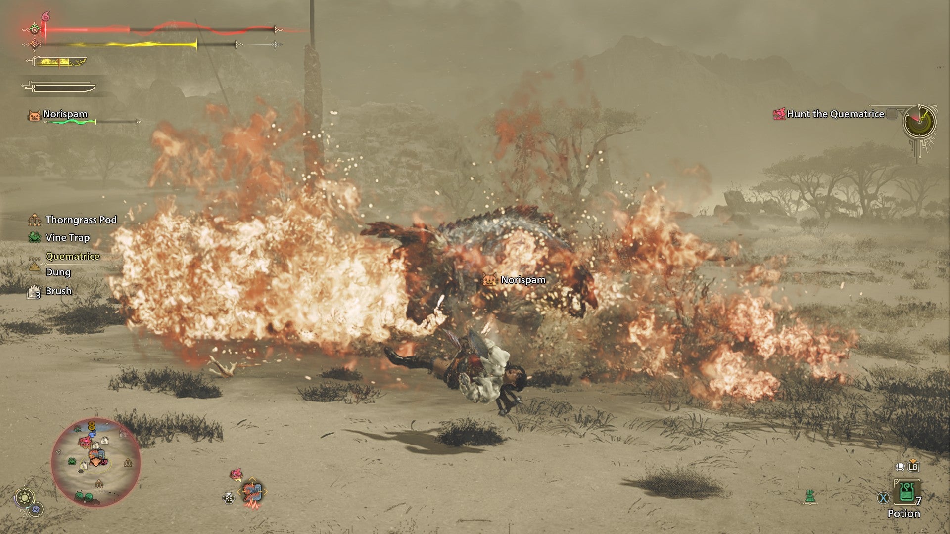 A hunter suffers from a severe fire attack and contracts Fireblight in this battle against a Quematrice in Monster Hunter Wilds. - 7