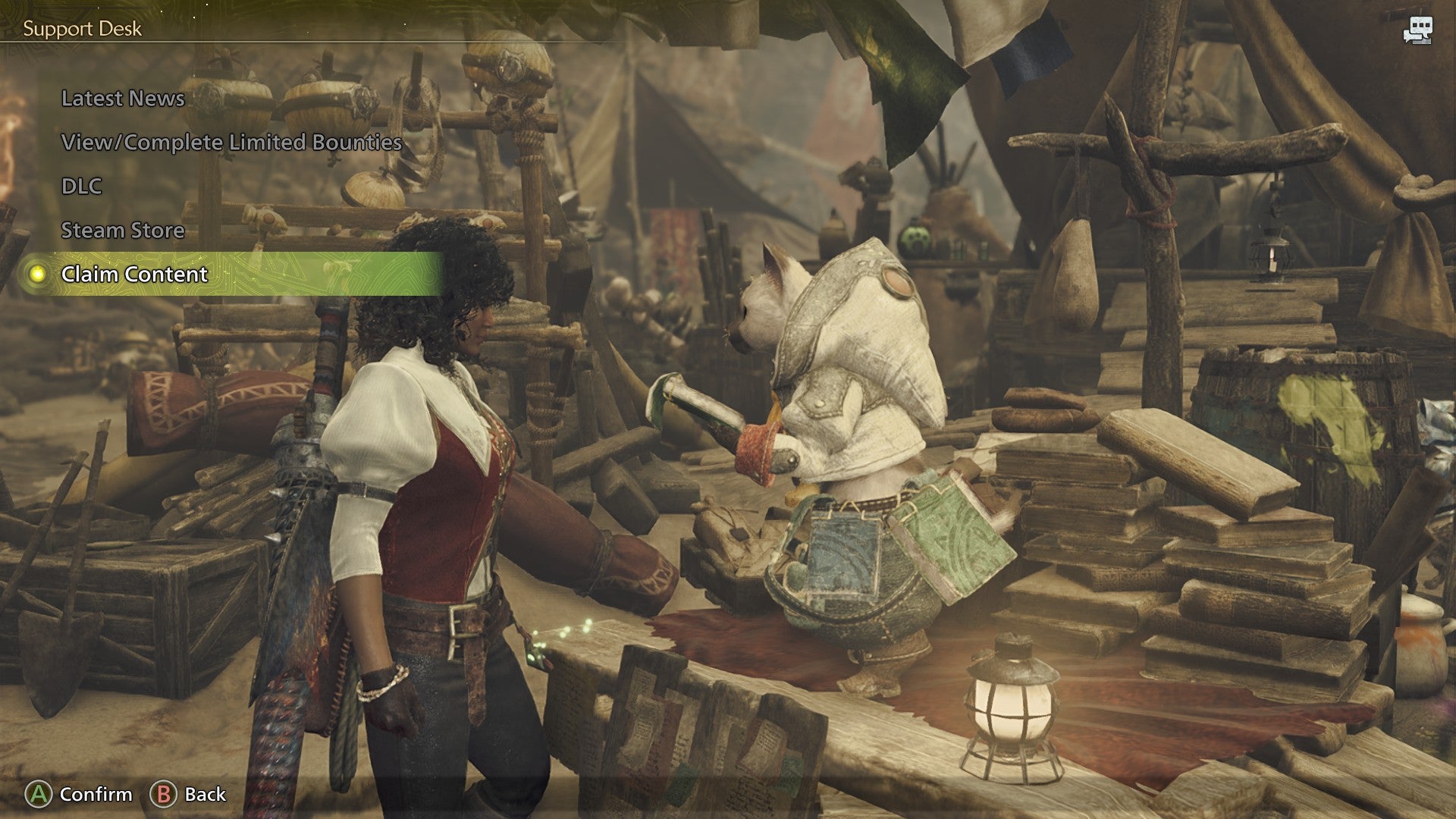 A hunter speaks with Conut, a Support Desk Palico in Monster Hunter Wilds' base camp. The Claim Content menu option is highlighted. - 4