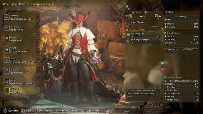 The Equipment Appearance menu in Monster Hunter Wilds, showing a hunter wearing the Guild Knight layered armor set and looking at options.