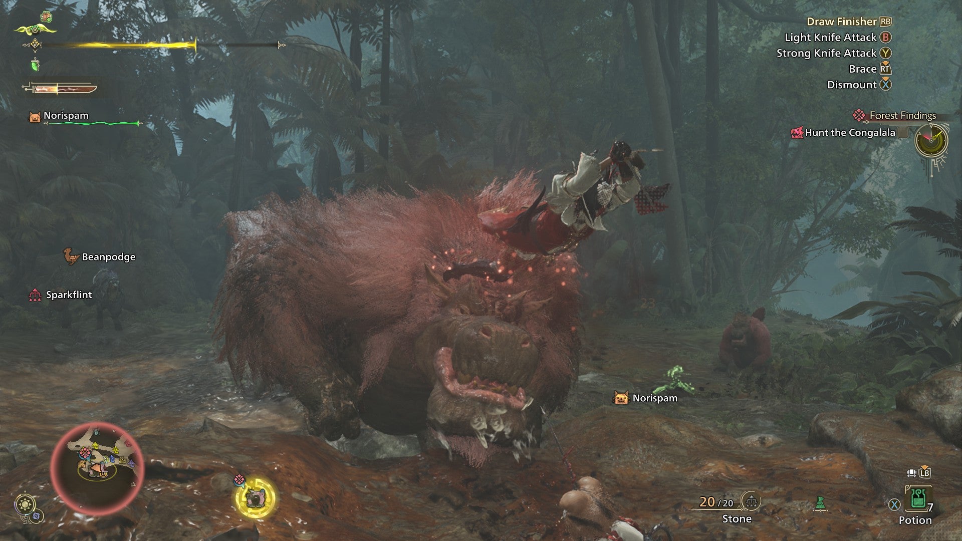 A Hunter stabs at a Congalala's head in a fight in Monster Hunter Wilds. - 7