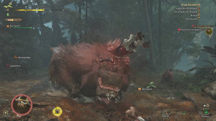 A Hunter stabs at a Congalala’s head in a fight in Monster Hunter Wilds.