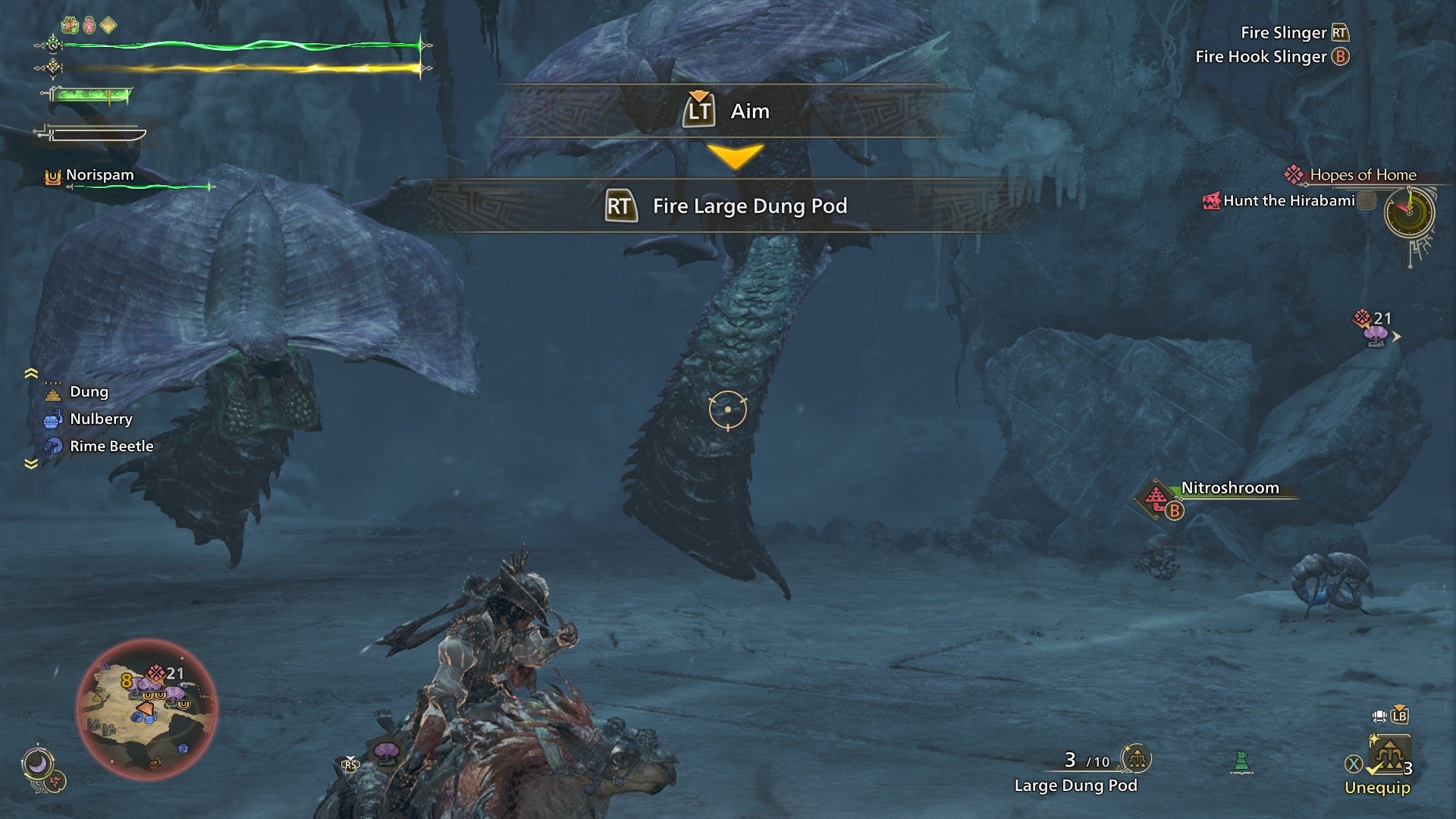 A Hunter fights two Hirabami in Monster Hunter Wilds and prepares to fling a Dung Pod at them. - 6