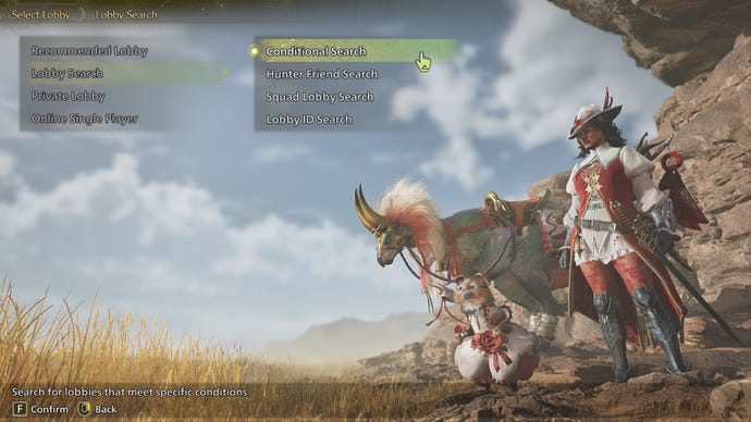 La pantalla principal de inicio de sesión de Monster Hunter Wilds, que muestra al cazador, su palico y seikret junto con las diversas opciones de lobby.