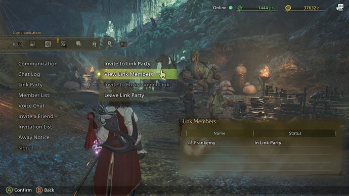 El menú de la fiesta de enlaces en Monster Hunter Wilds.