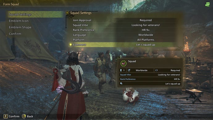 El menú de escuadrón en Monster Hunter Wilds.