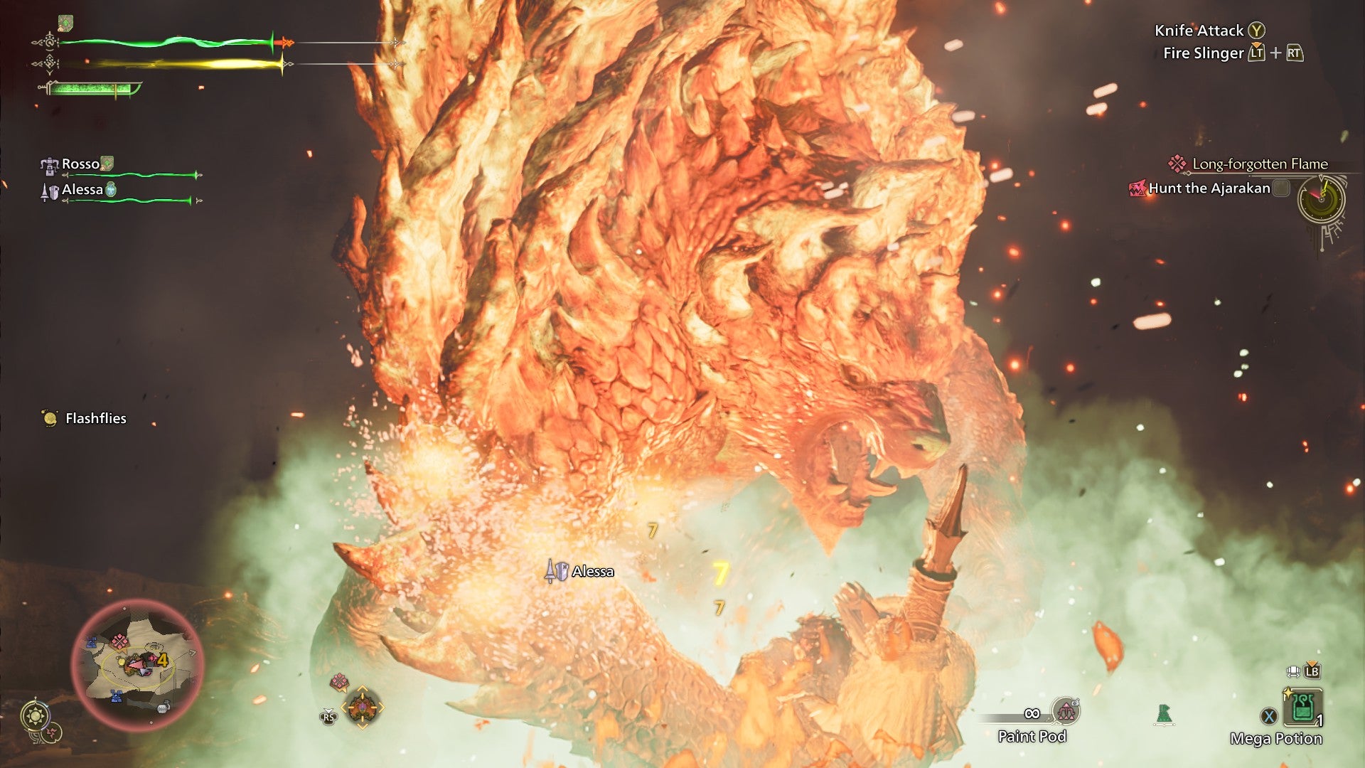 An angry Ajarakan graps a hunter in its claws during a battle in Monster Hunter Wilds. - 6