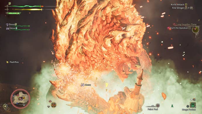 An angry Ajarakan graps a hunter in its claws during a battle in Monster Hunter Wilds.