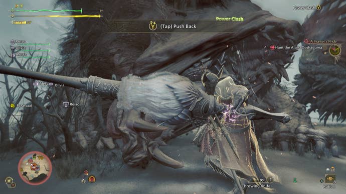 A hunter with a shield and lance fights off a Doshaguma in a Power Clash in Monster Hunter Wilds.