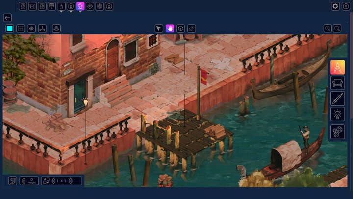 Adventure Forge UI showing an isometric viewpoint of a scene in Venice. Parts of the scene have light bulb indicators on them and there is an interface of various logos and data surrounding the scene.