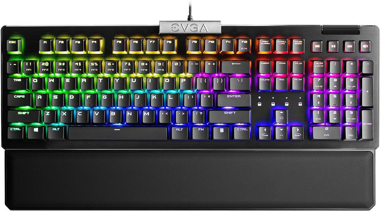 a photo of evga&rsquo;s z15 keyboard with plenty of shining lights, clicky light mechanical switches and a metallic design