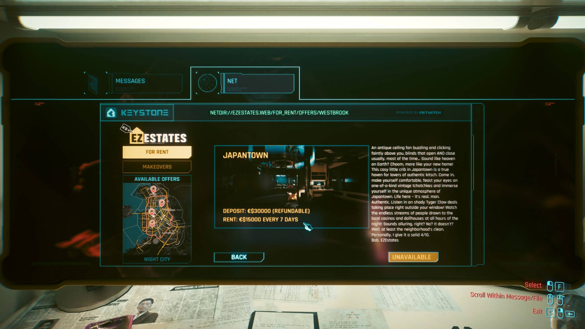 Renting a flat online using Cyberpunk 2077's Eviction Notice mod.