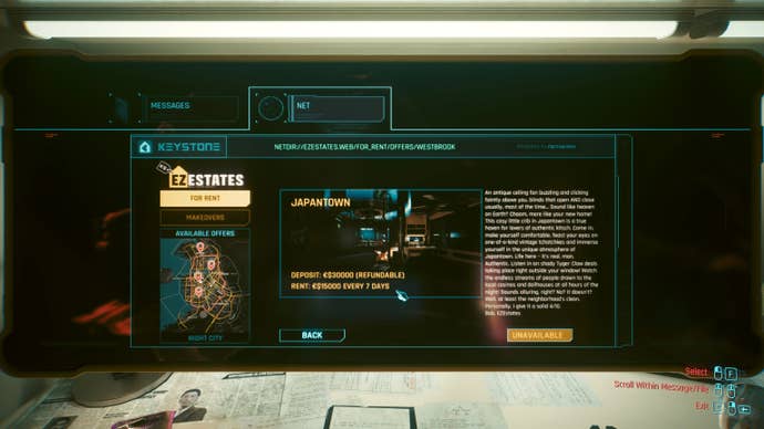 Renting a level online utilizing Cyberpunk 2077's Eviction Notice mod.