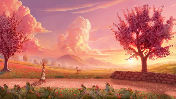 A scene of sunrise in Dreams On A Pillow.