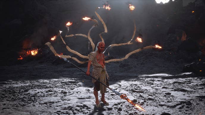 Red Boy gets ready to unleash some flaming projectiles at the player in Black Myth: Wukong.