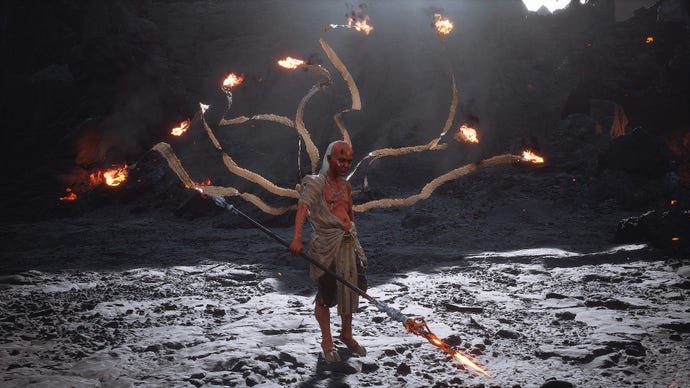 Red Boy gets ready to unleash some flaming projectiles at the player in Black Myth: Wukong.