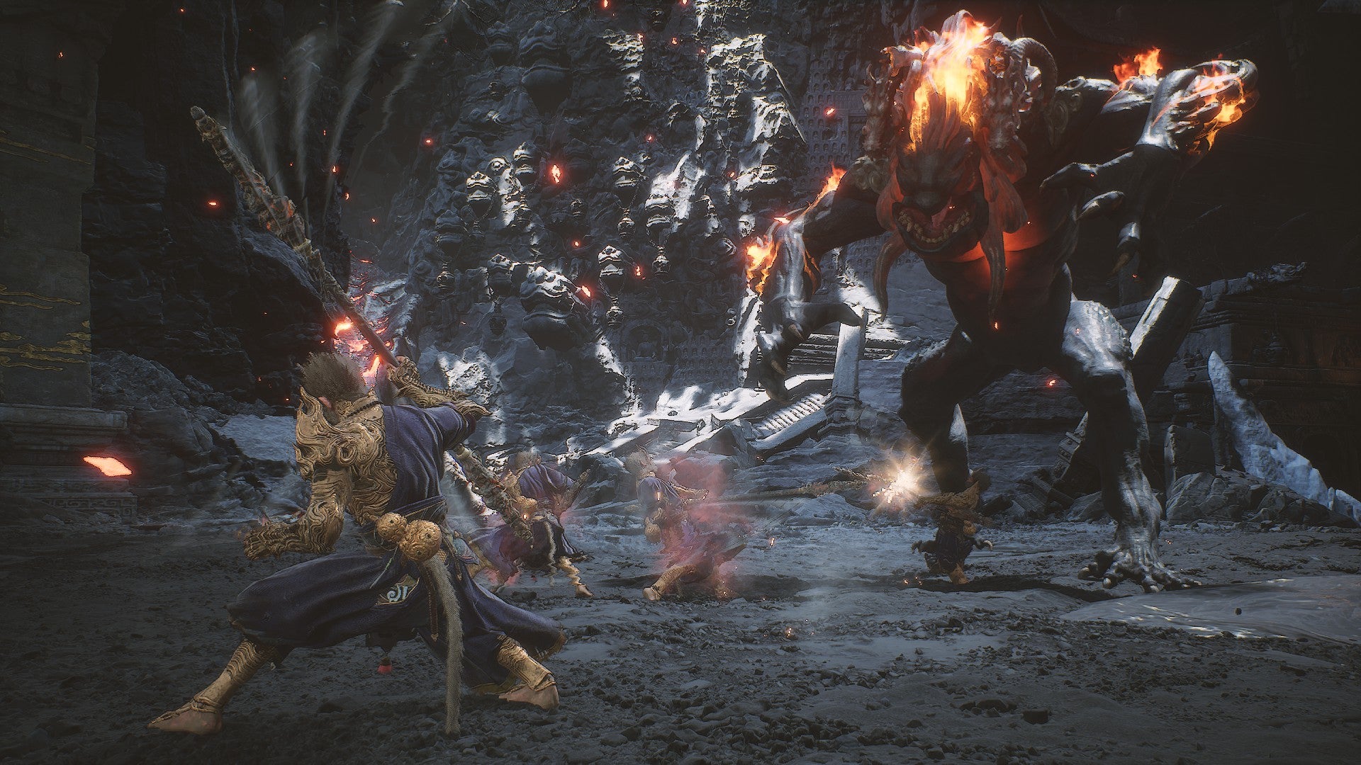 The aggressive Bishui Golden-Eyes Beast prepares to attack an army of Destined One clones in Black Myth: Wukong. - 17