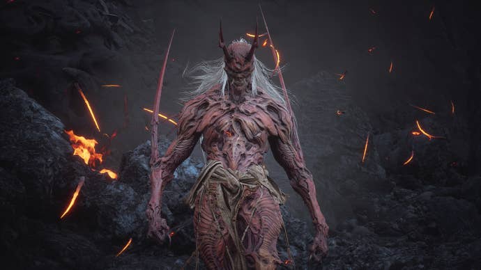 The Yaksha King of Black Myth: Wukong stands with two intimidating blades emerging from his arms, swathed in firey embers.