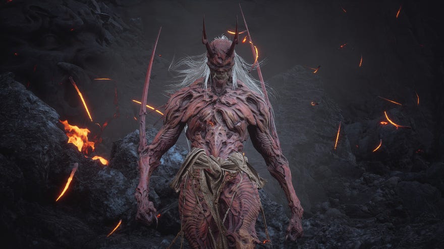 The Yaksha King of Black Myth: Wukong stands with two intimidating blades emerging from his arms, swathed in firey embers.