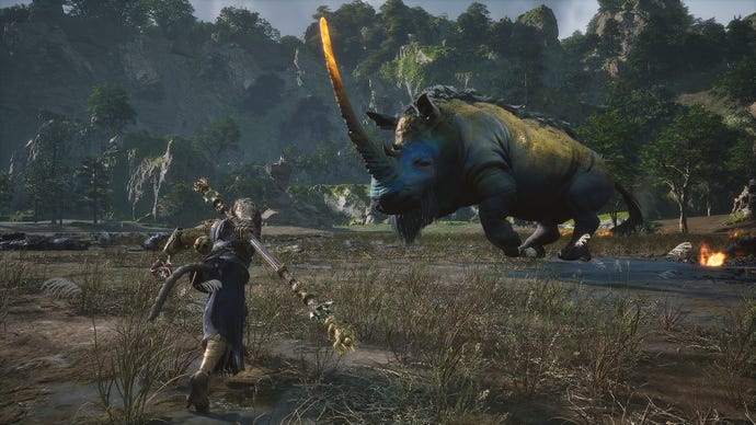 The Destined One faces off against the Gold Armored Rhino in Black Myth: Wukong.