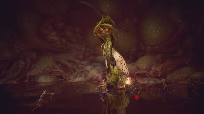 In the murky depths of Zhu Baijie’s stomache, the Destined One fights Emerald-Armed Mantis.