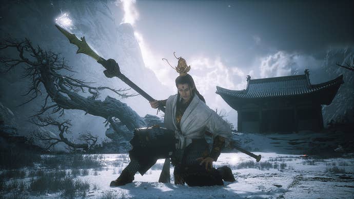 Erlang, the Sacred Divinity, kneels on the ground in an elegant pose in Black Myth: Wukong.
