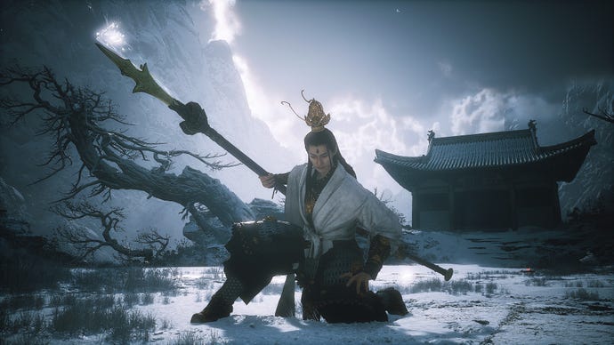 Erlang, the Sacred Divinity, kneels on the ground in an elegant pose in Black Myth: Wukong.