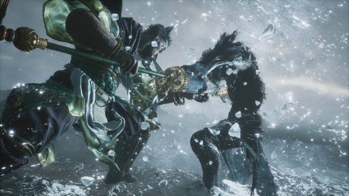 In this climatic hidden boss fight of Black Myth: Wukong, the Stone Monkey blocks a blow from one of the Four Heavenly Kings.