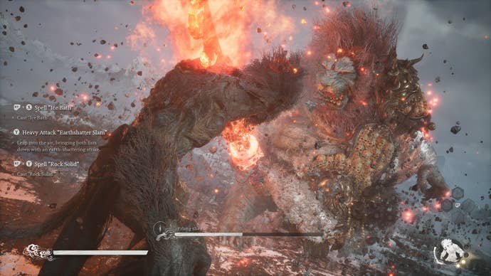 The Destined One and Erlang Shen strike at each other in their gigantic kaiju forms in this epic boss fight from Black Myth: Wukong.