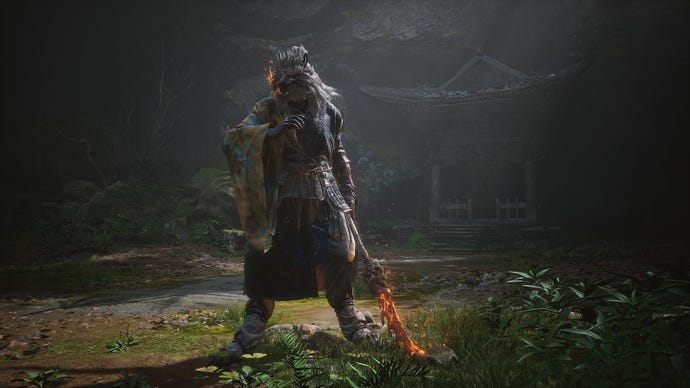 Guangzhi, maestro lobo de las Mareas Rojas, se alza orgulloso en medio del Bosque de los Lobos en Black Myth: Wukong.