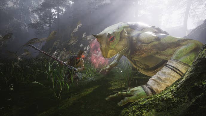 A fight in a swamp between the Destined One and Baw-Li-Guhh-Lang, the first of Black Myth: Wukong’s frog bosses.