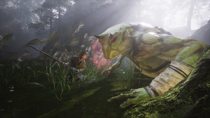 A fight in a swamp between the Destined One and Baw-Li-Guhh-Lang, the first of Black Myth: Wukong’s frog bosses.