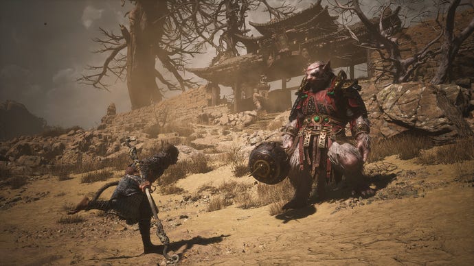 The battle against the hulking Second Prince of Flowing Sands in Black Myth: Wukong.