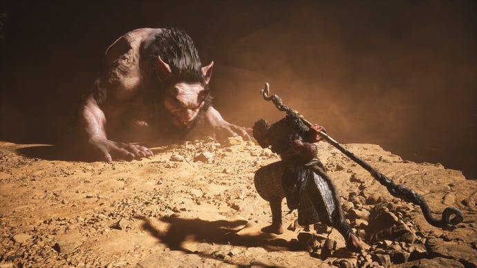 The Destined One fights the behemoth, feral First Prince of Flowing Sands in Black Myth: Wukong.