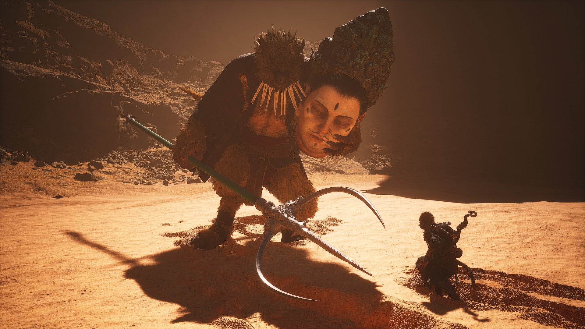 The final boss of Chapter 2 of Black Myth: Wukong, the Yellow Wind Sage, looms over the Destined One. He holds the huge head of the Boddhisattva Lingji in his arm. - 21